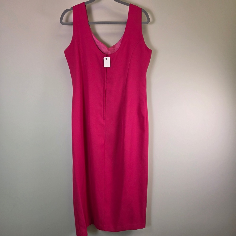 Zeeba New York Hot Pink Sleeveless V-Neck Sheath Midi Dress Front Slit Womens 14 - Picture 4 of 6
